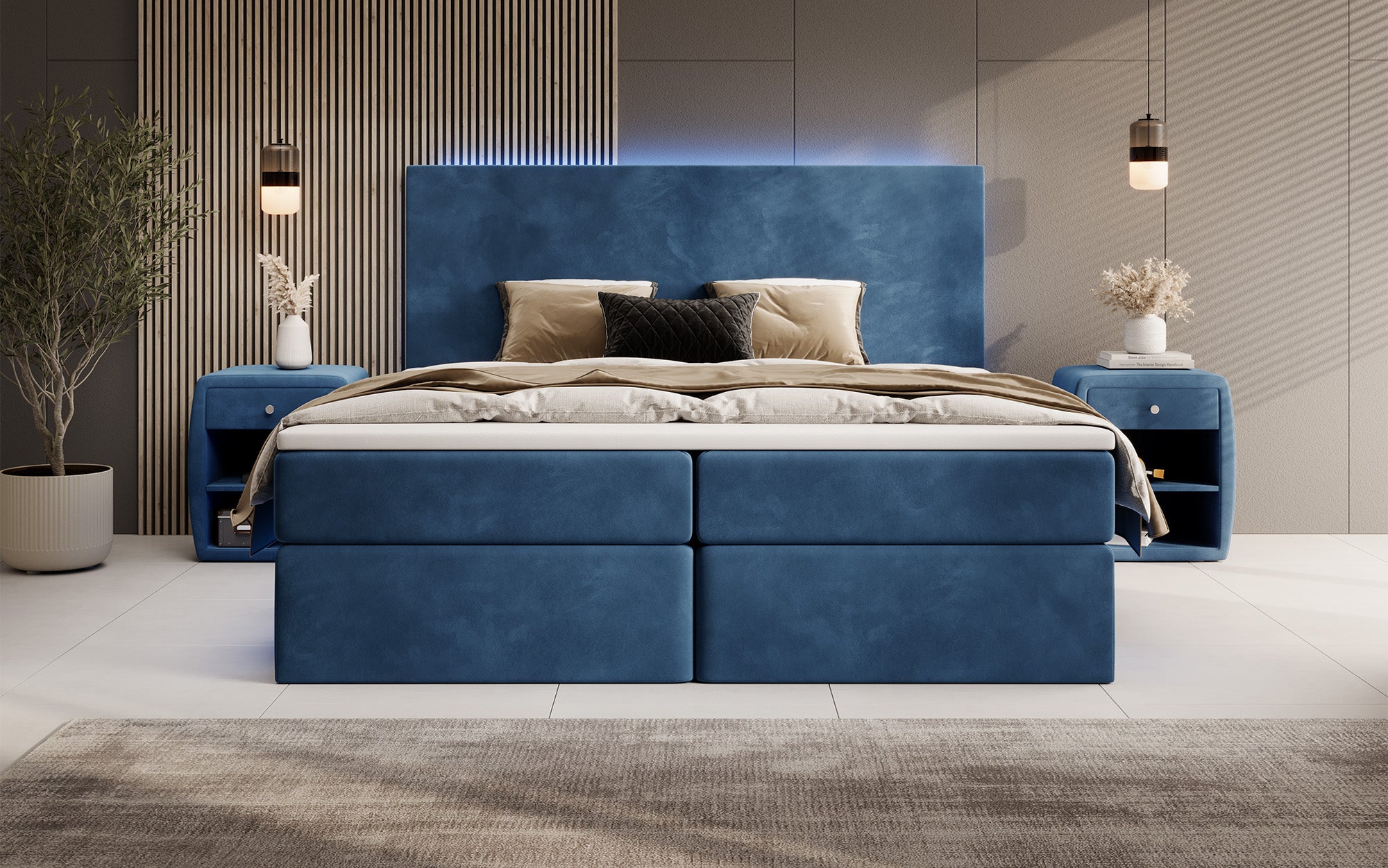 Boxspringbett Voyage mat LED a Späicherplaz a Samt