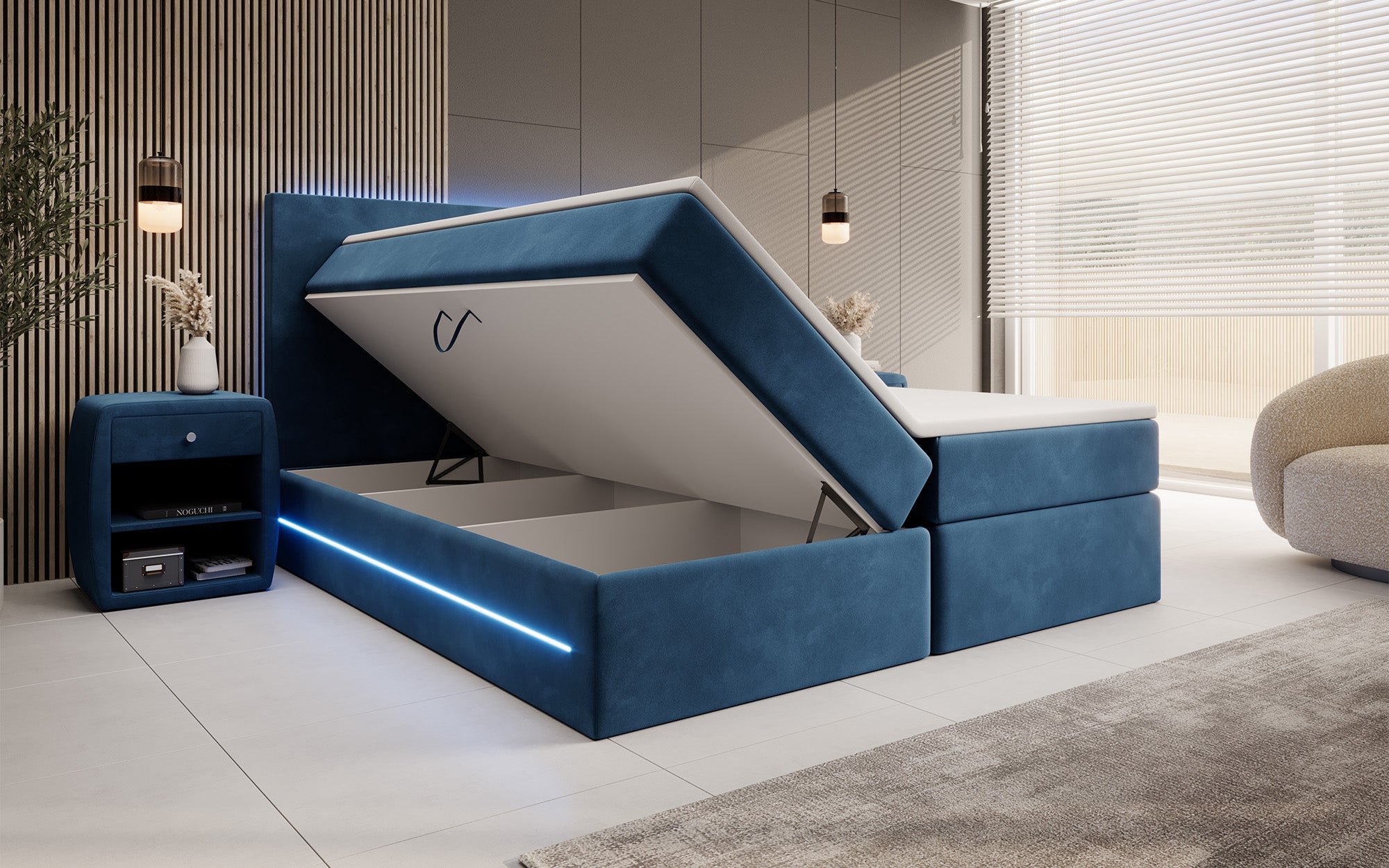 Boxspringbett Voyage mat LED a Späicherplaz a Samt