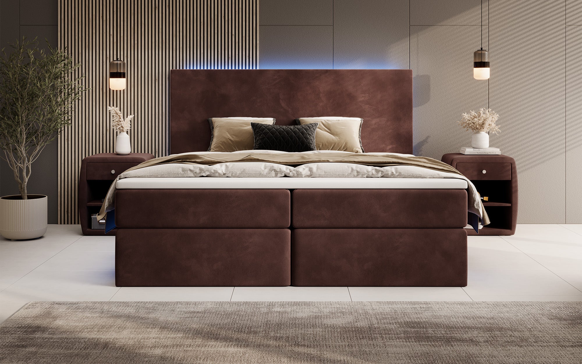 Boxspringbett Voyage mat LED a Späicherplaz a Samt