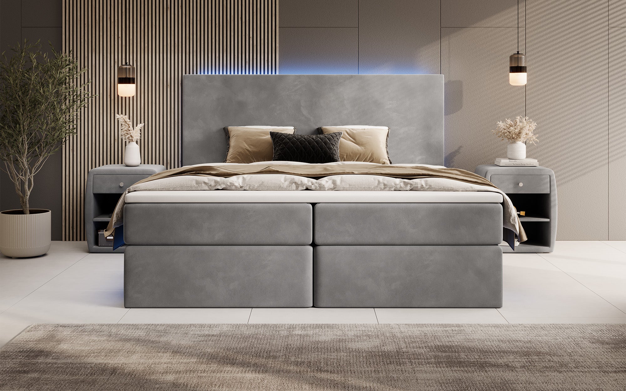 Boxspringbett Voyage mat LED a Späicherplaz a Samt