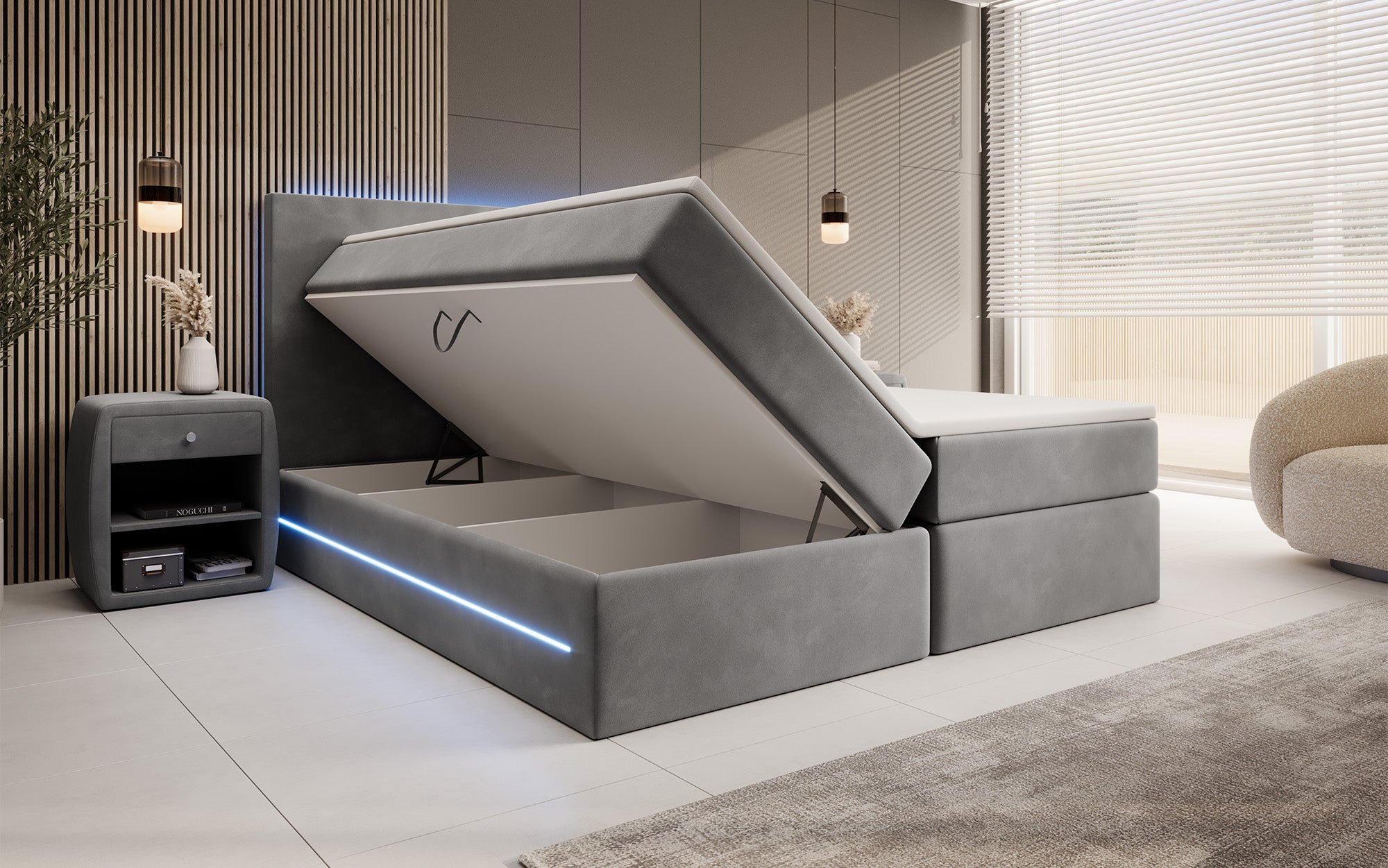 Boxspringbett Voyage mat LED a Späicherplaz a Samt