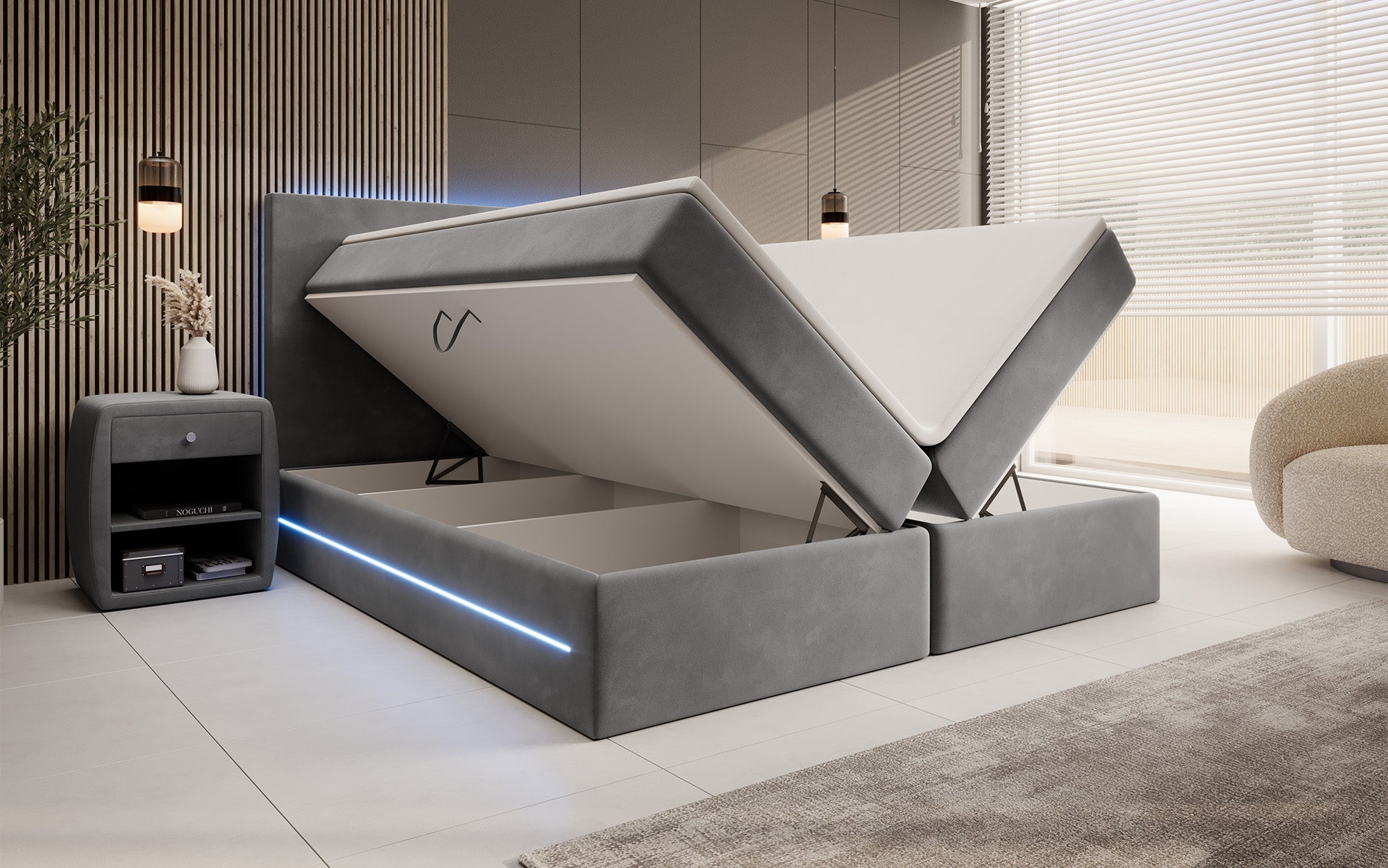 Boxspringbett Voyage mat LED a Späicherplaz a Samt