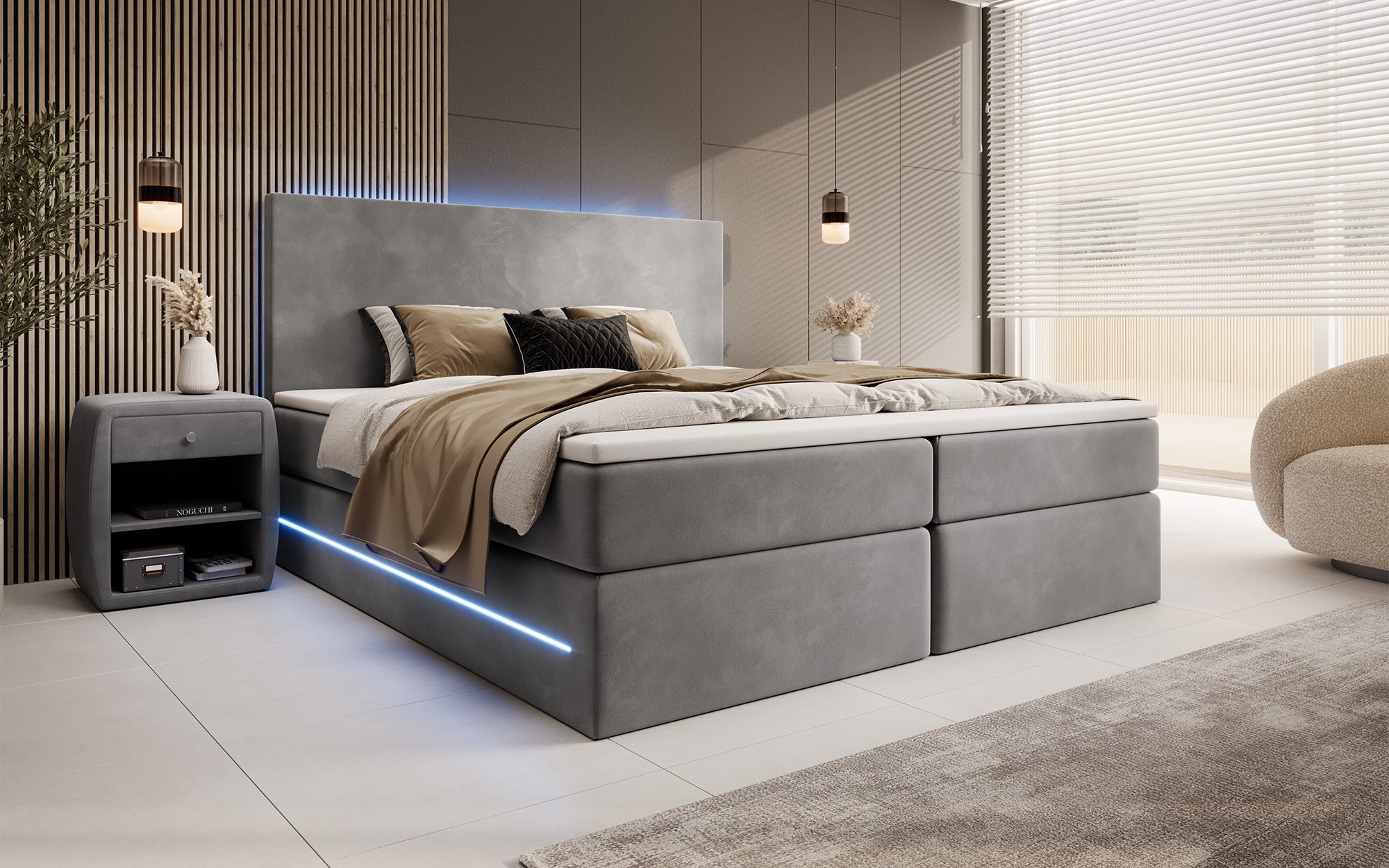 Boxspringbett Voyage mat LED a Späicherplaz a Samt