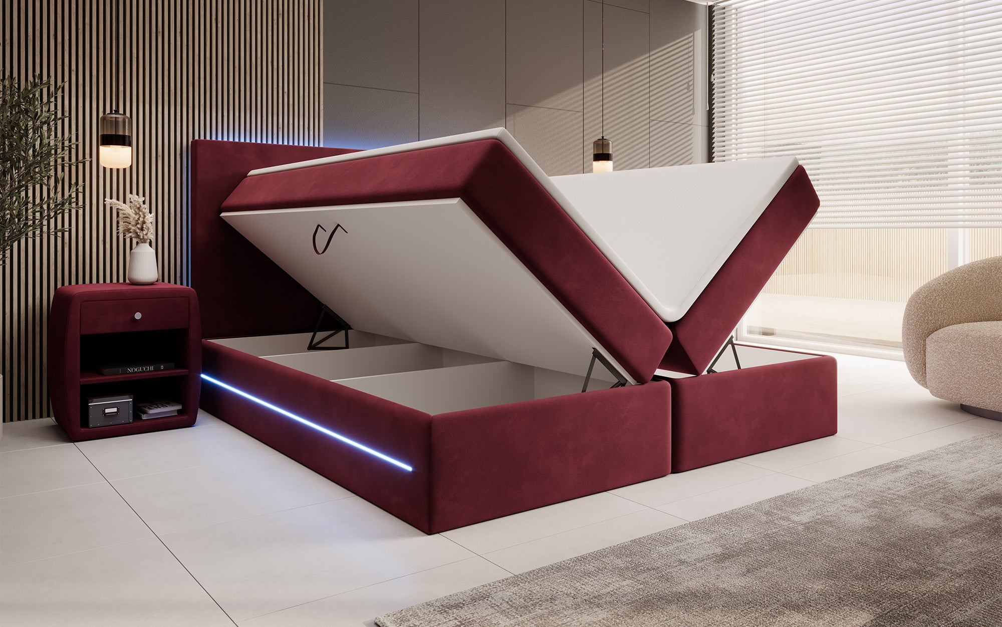 Boxspringbett Voyage mat LED a Späicherplaz a Samt