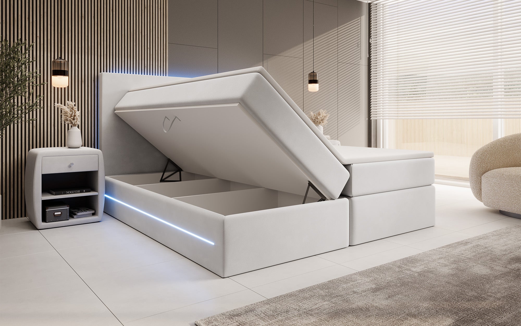 Boxspringbett Voyage mat LED a Späicherplaz a Samt