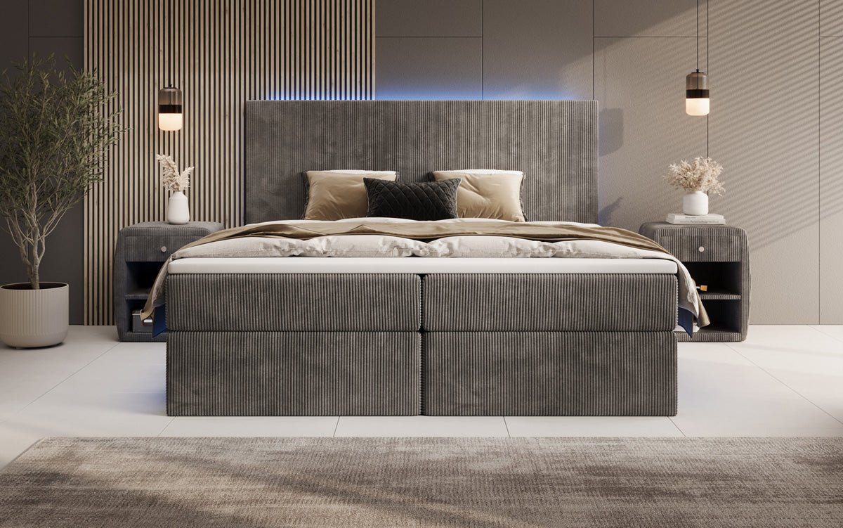 Boxspringbett Voyage mit LED u. Stauraum in Cord