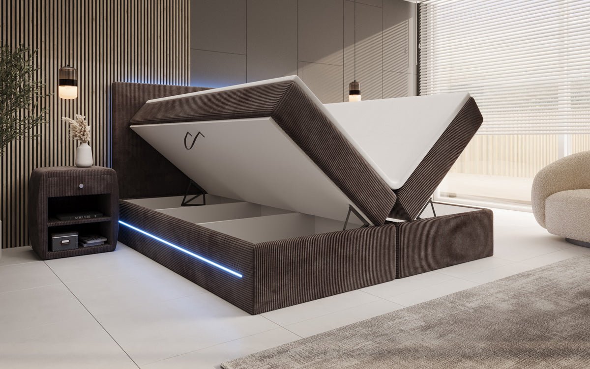 Boxspringbett Voyage mit LED u. Stauraum in Cord