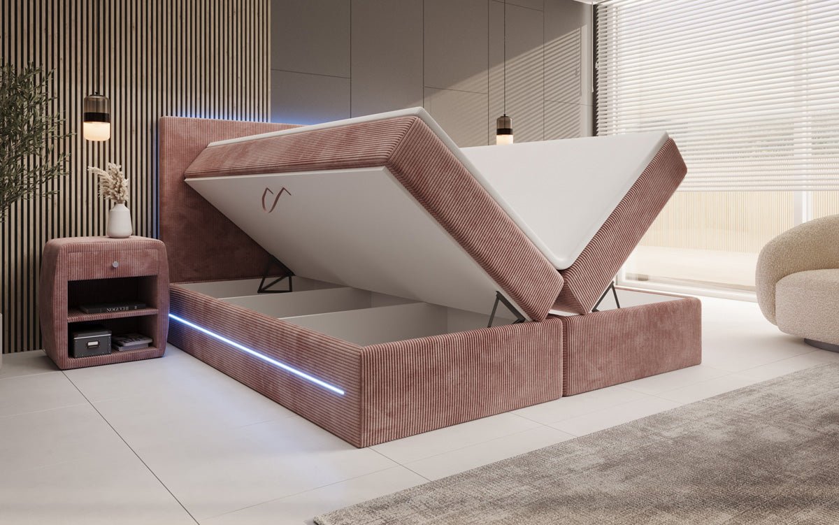 Boxspringbett Voyage mit LED u. Stauraum in Cord