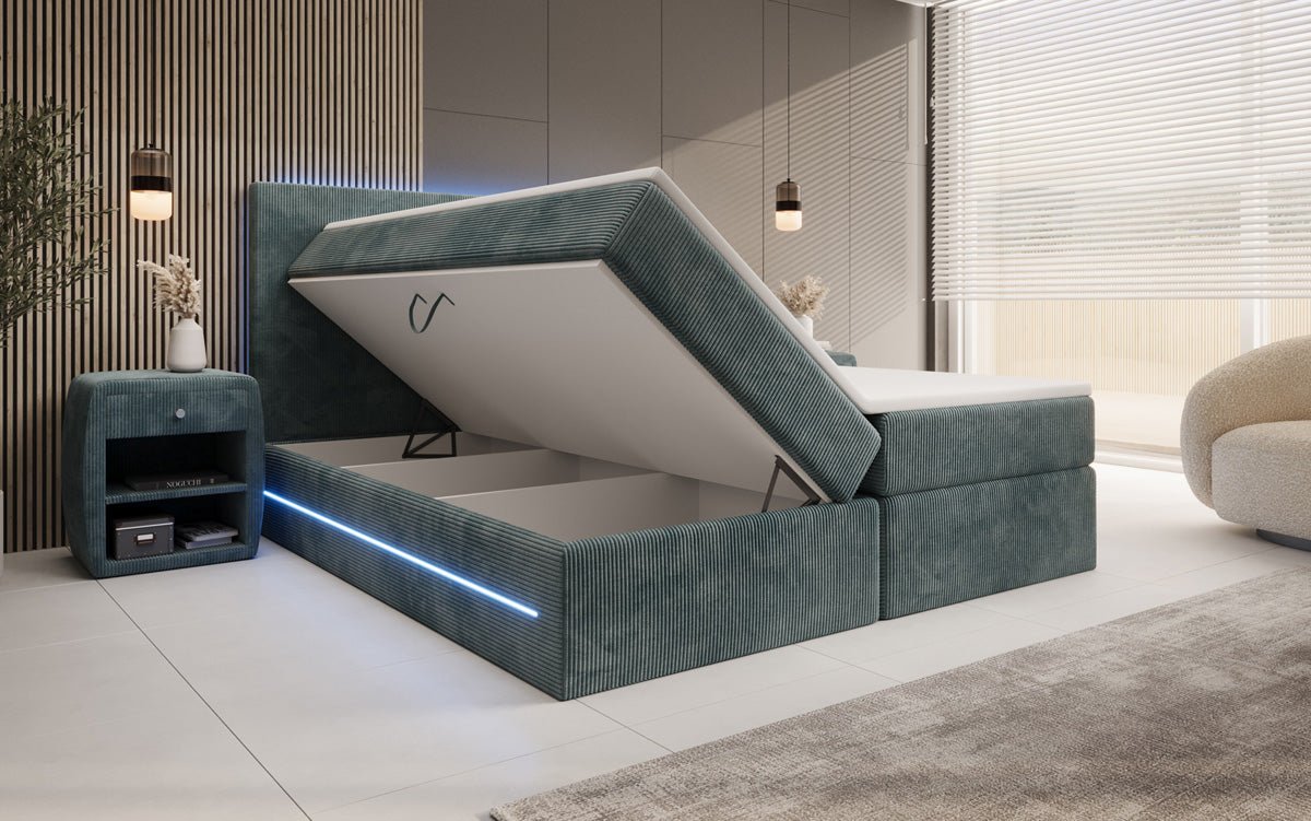 Boxspringbett Voyage mit LED u. Stauraum in Cord
