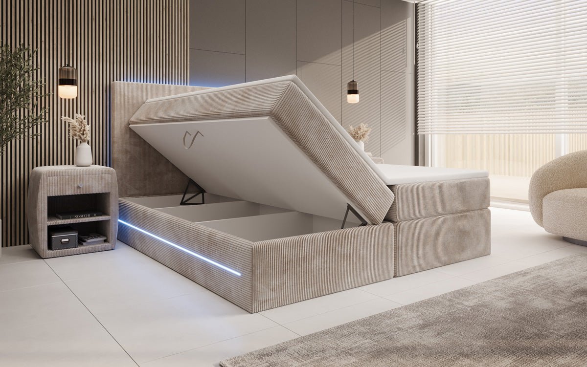 Boxspringbett Voyage mit LED u. Stauraum in Cord