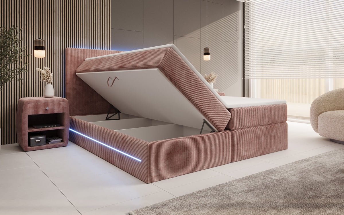 Boxspringbett Voyage mit LED u. Stauraum in Cord