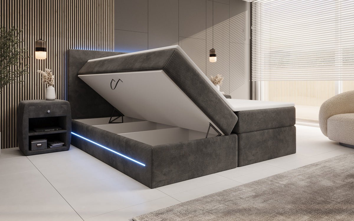 Boxspringbett Voyage mit LED u. Stauraum in Cord