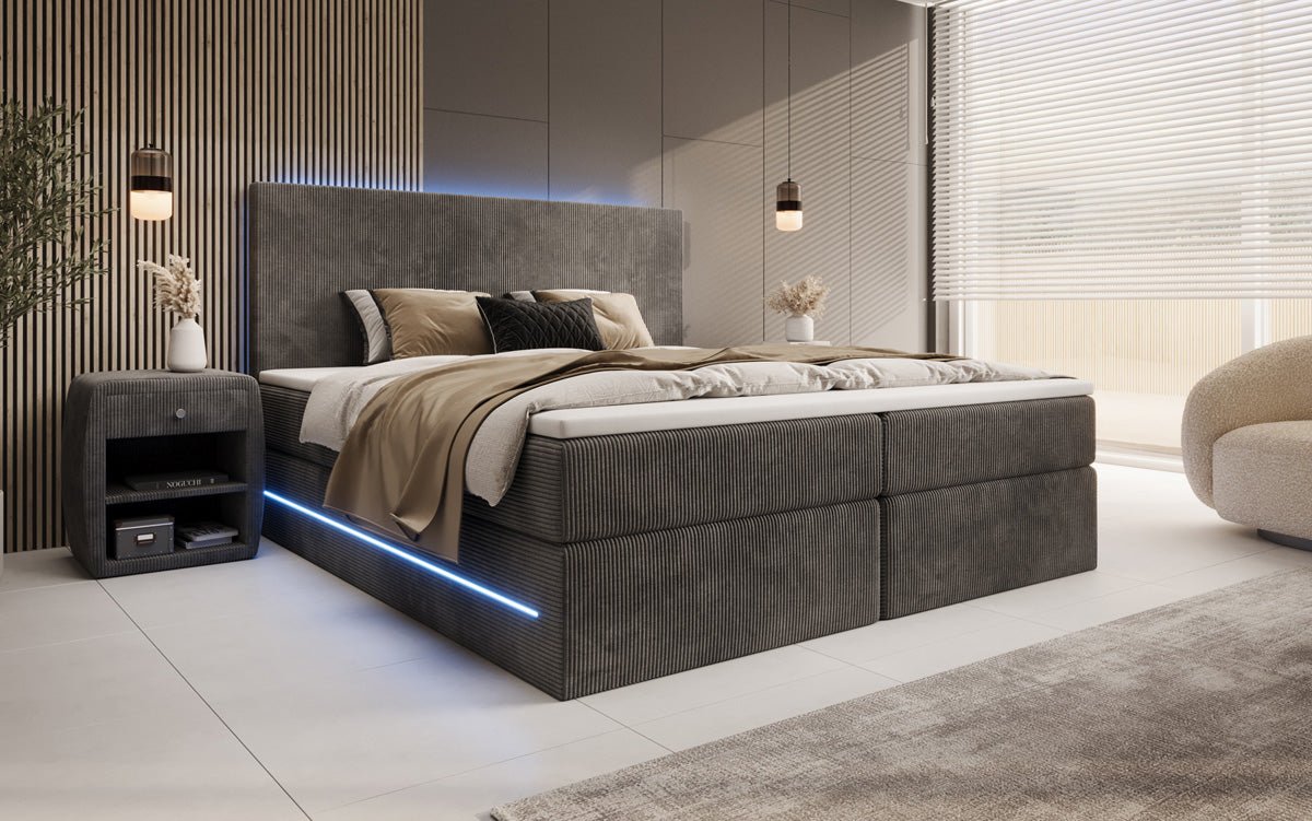 Boxspringbett Voyage mit LED u. Stauraum in Cord