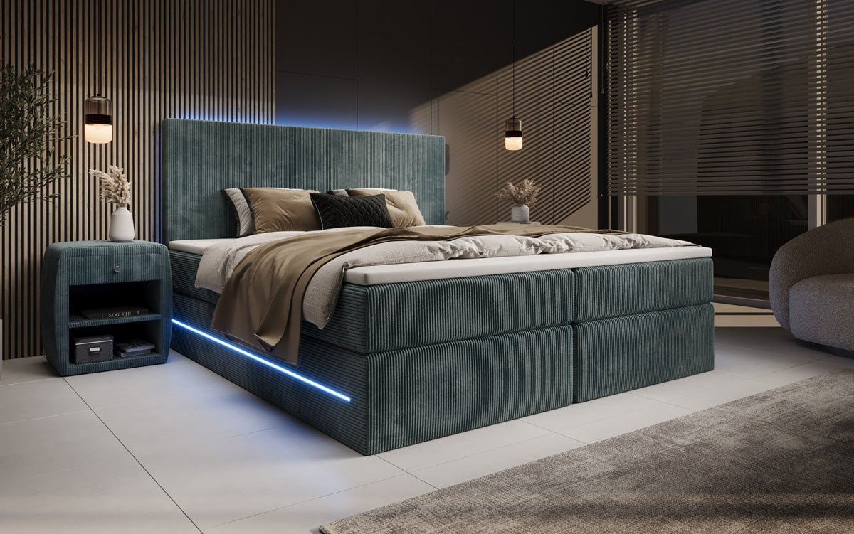 Boxspringbett Voyage mit LED u. Stauraum in Cord