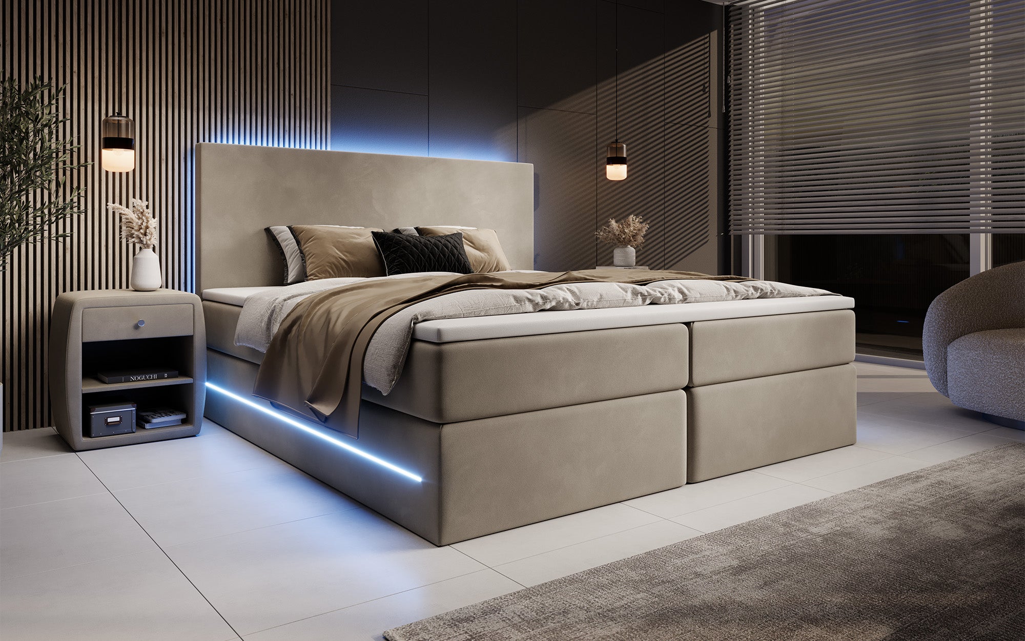 Boxspringbett Voyage mat LED a Späicherplaz a Samt