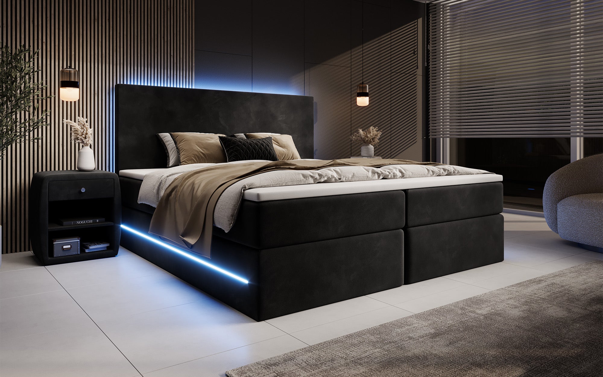 Boxspringbett Voyage mat LED a Späicherplaz a Samt