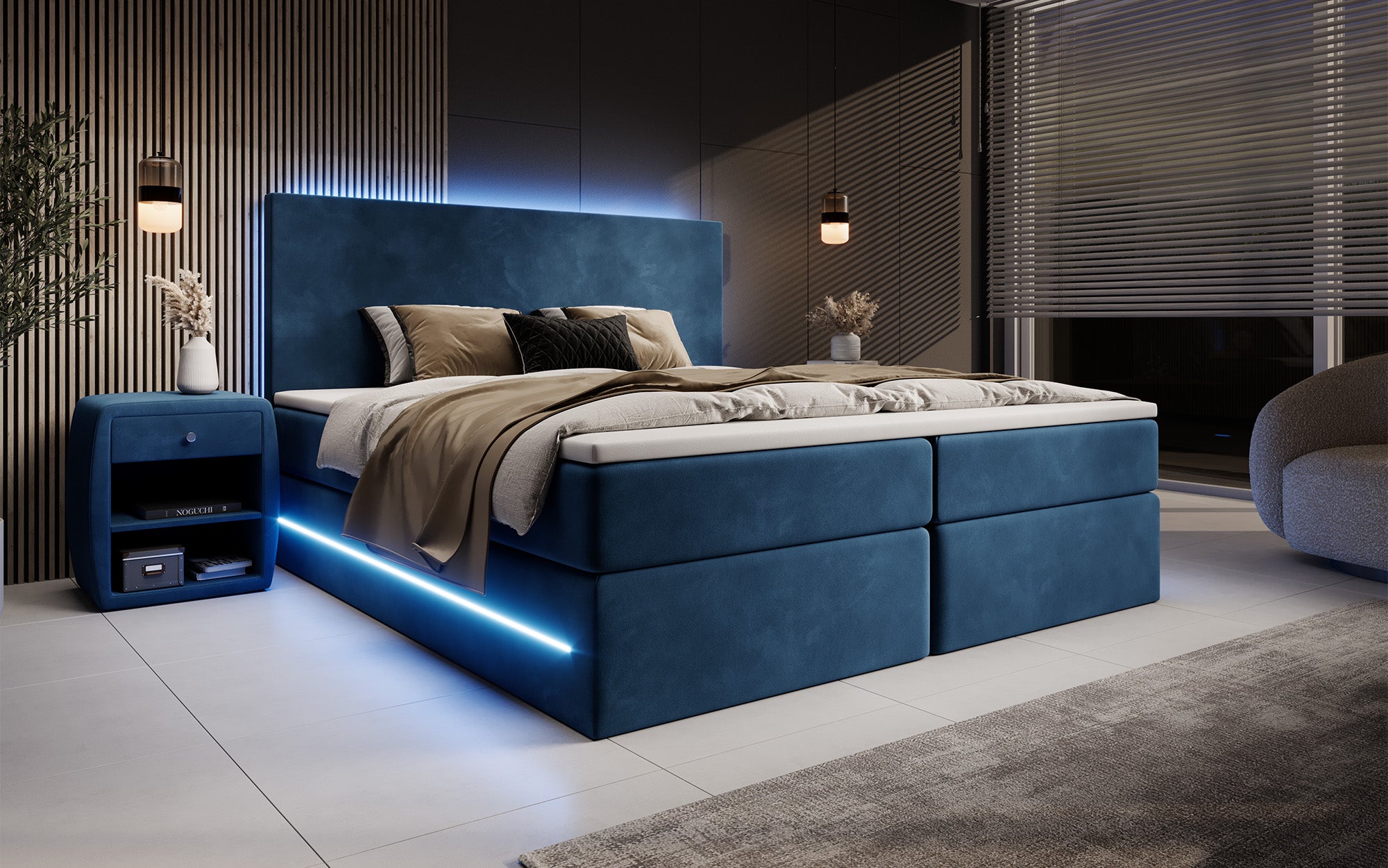 Boxspringbett Voyage mat LED a Späicherplaz a Samt