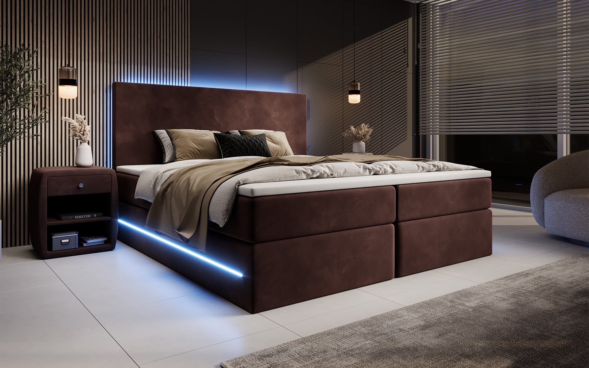 Boxspringbett Voyage mat LED a Späicherplaz a Samt