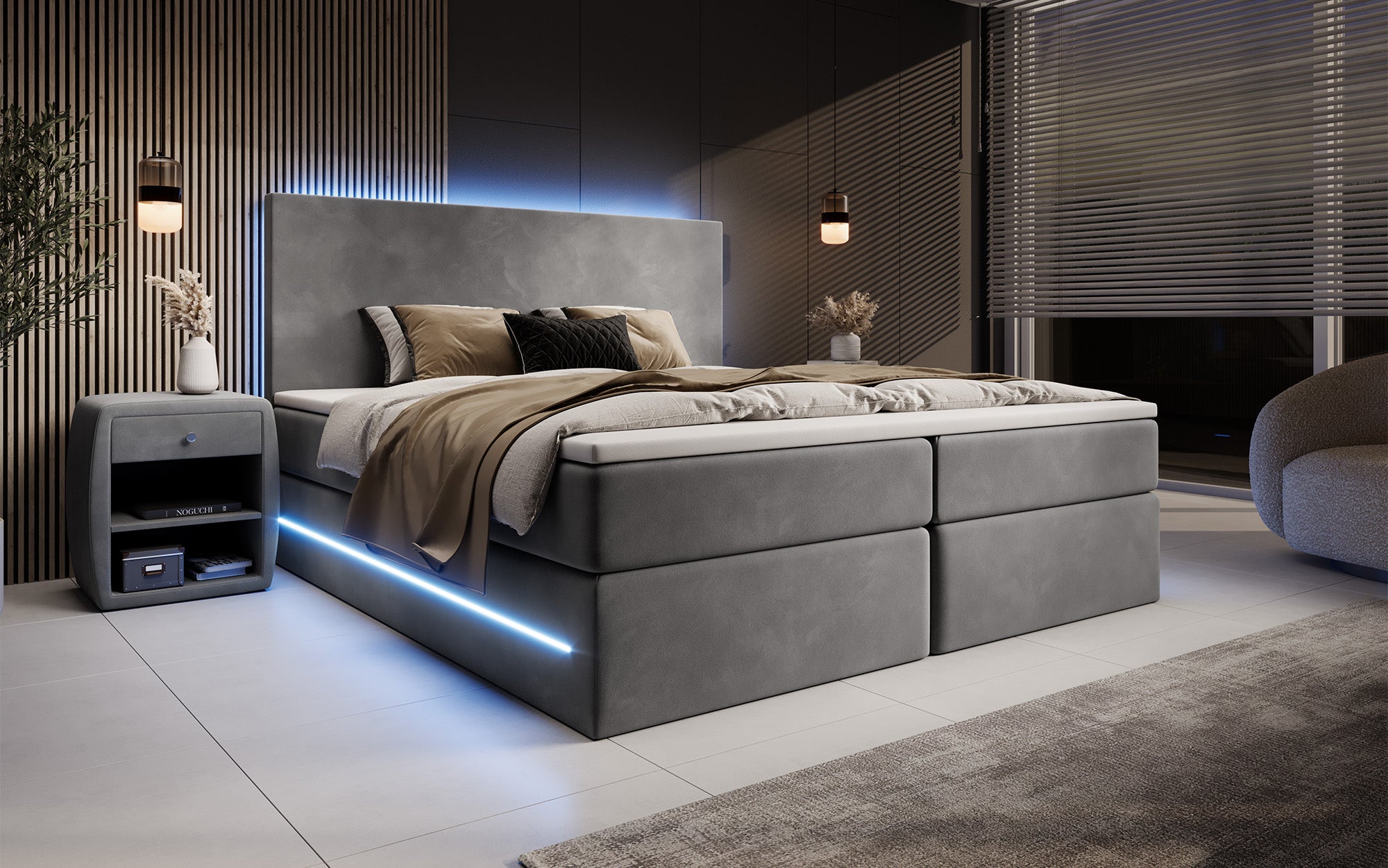 Boxspringbett Voyage mat LED a Späicherplaz a Samt