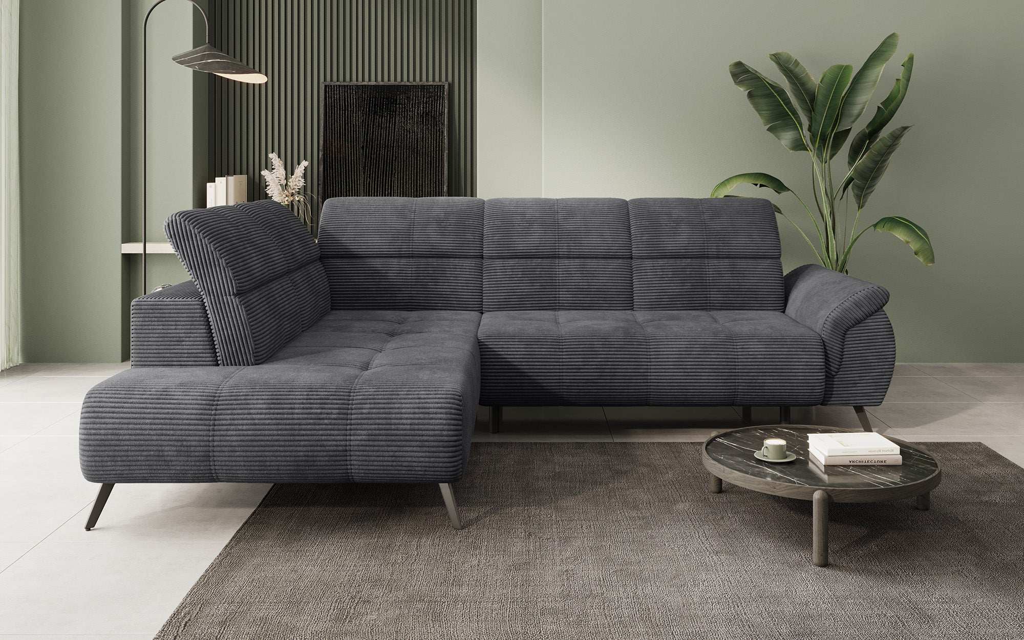 Designer Sofa Genova II mat elektrëscher Sëtzverlängerung, USB Uschloss