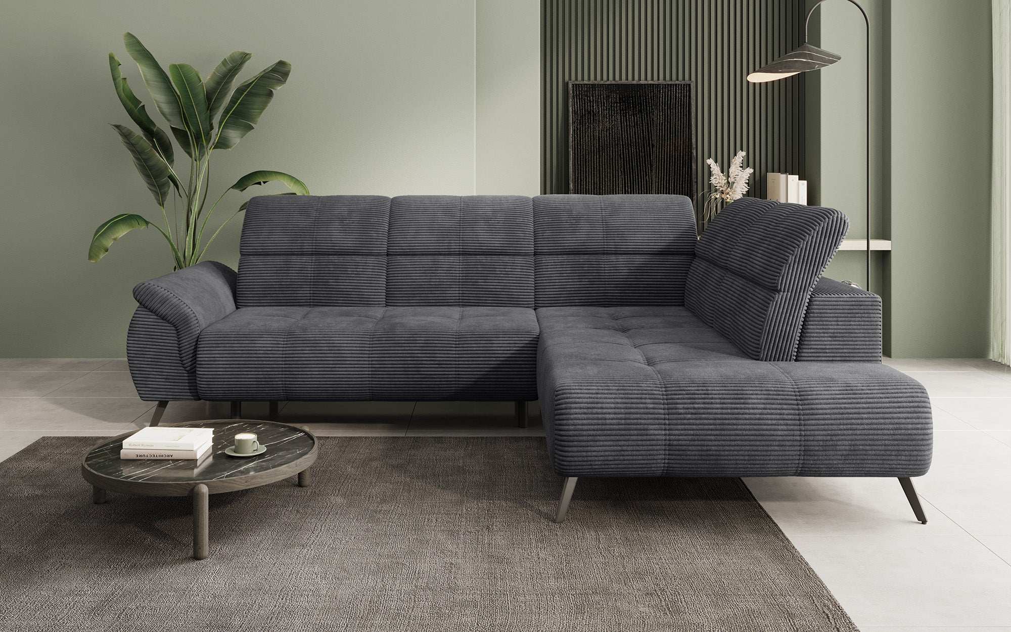 Designer Sofa Genova II mat elektrëscher Sëtzverlängerung, USB Uschloss