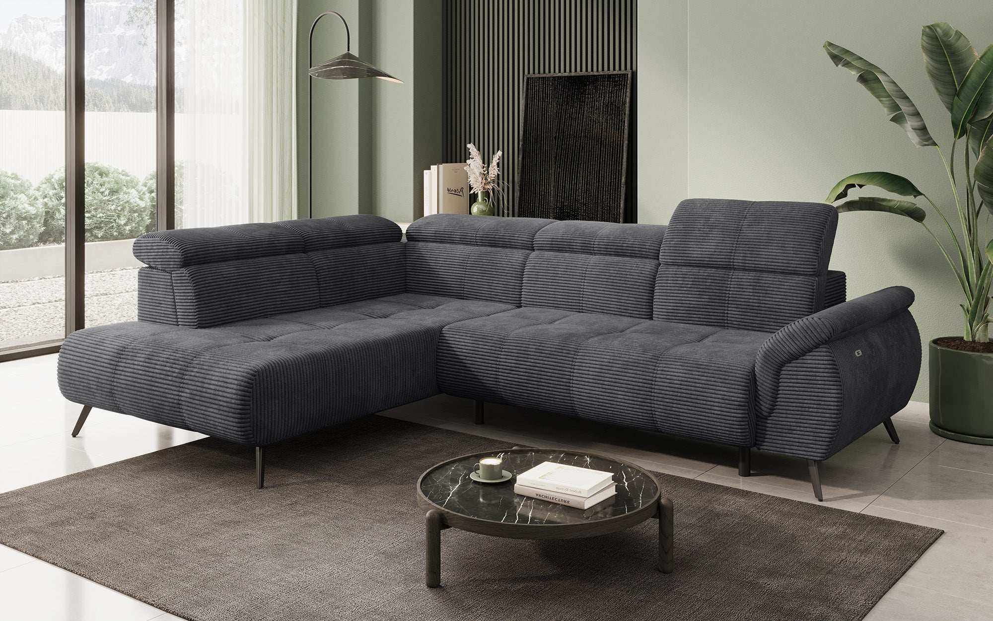 Designer Sofa Genova II mat elektrëscher Sëtzverlängerung, USB Uschloss