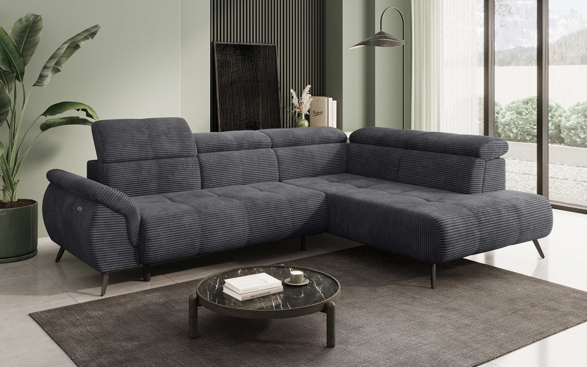 Designer Sofa Genova II mat elektrëscher Sëtzverlängerung, USB Uschloss
