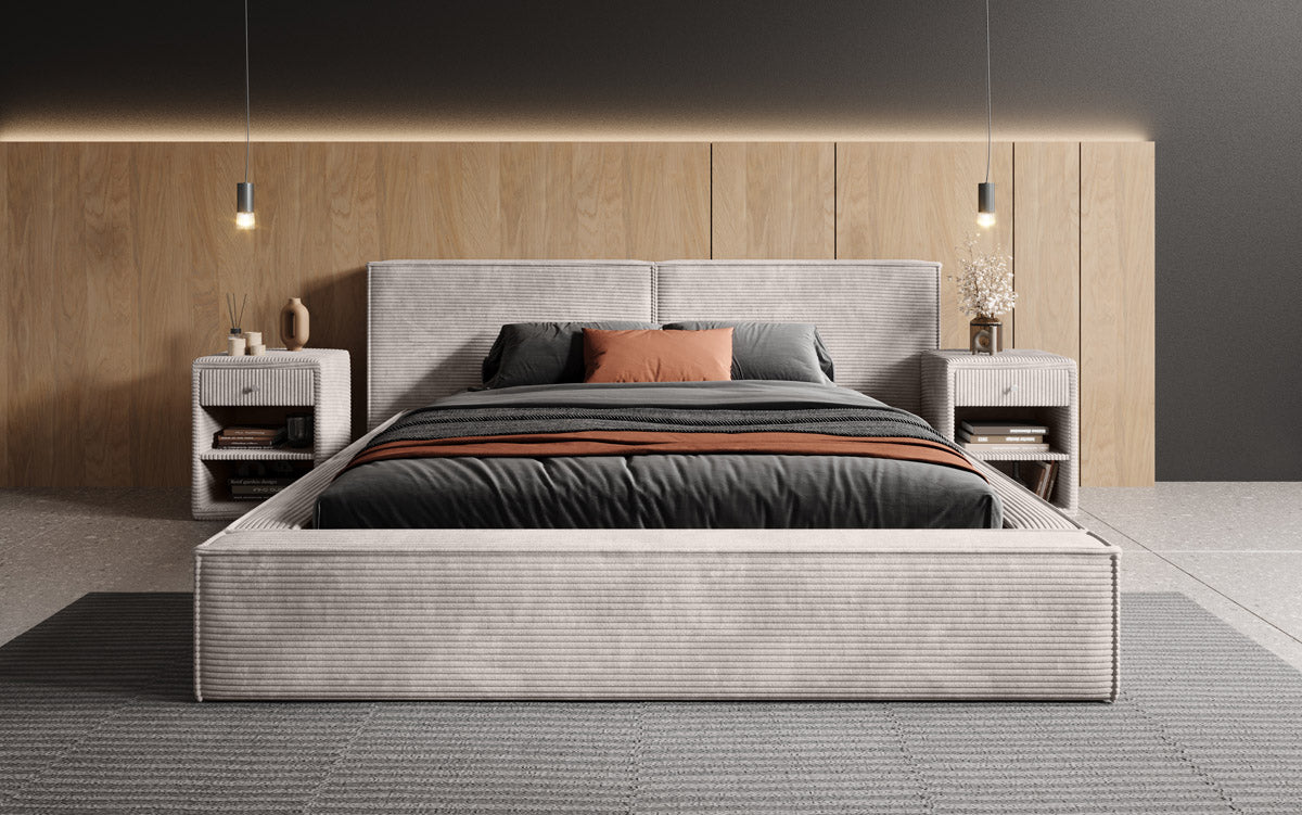 Designer Polsterbett Ophelia aus Cord mat Stauraum
