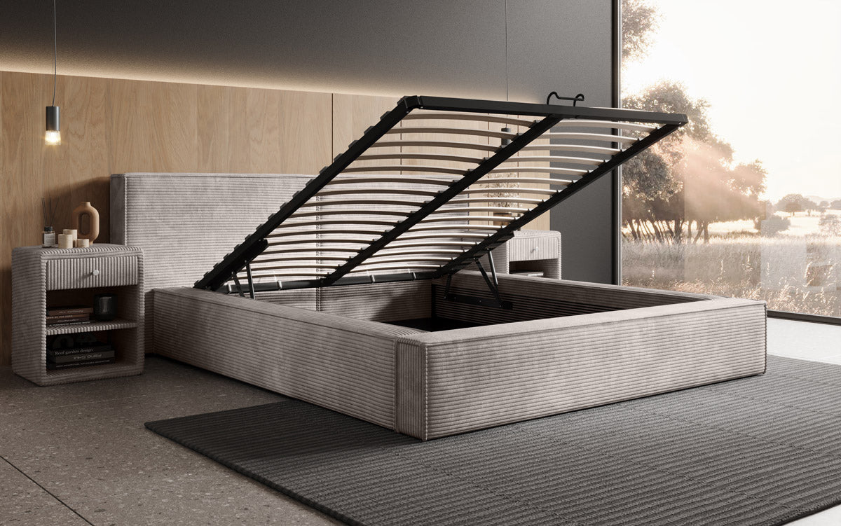Designer Polsterbett Ophelia aus Cord mat Stauraum