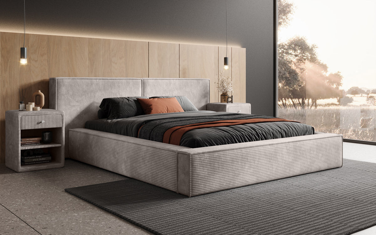 Designer Polsterbett Ophelia aus Cord mat Stauraum