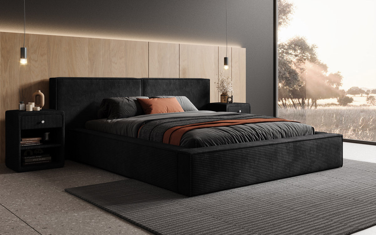 Designer Polsterbett Ophelia aus Cord mat Stauraum