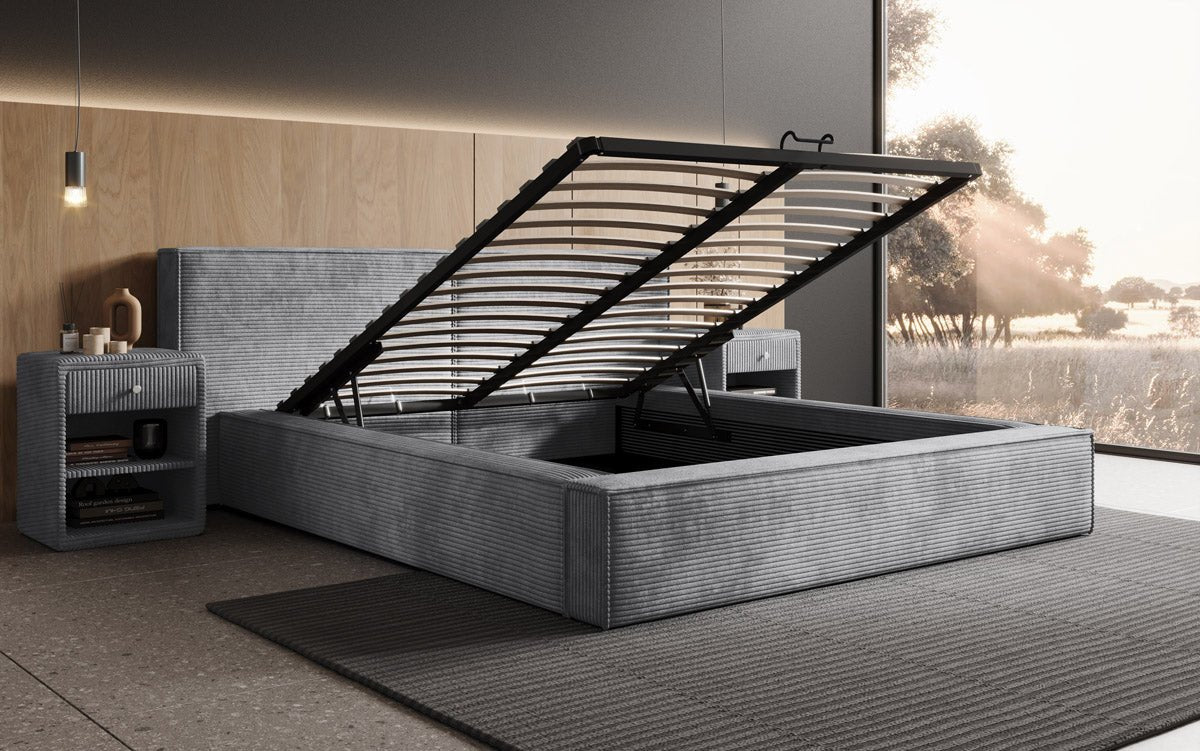 Designer Polsterbett Ophelia aus Cord mat Stauraum