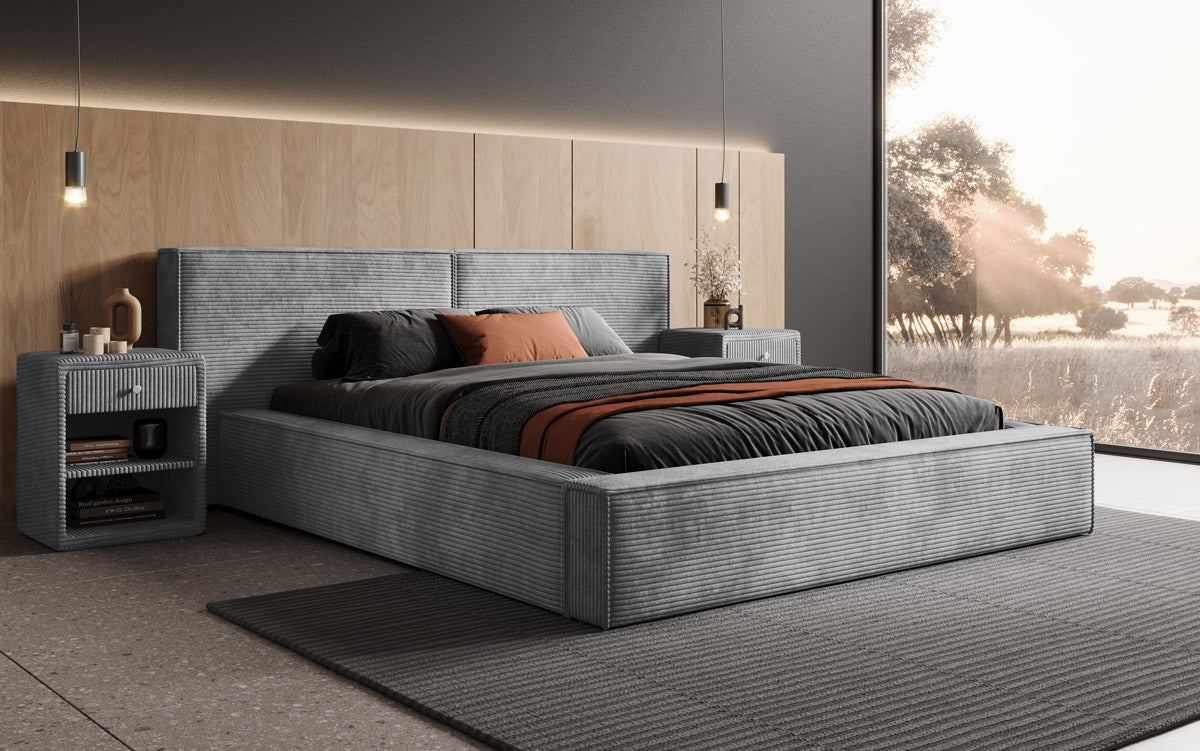 Designer Polsterbett Ophelia aus Cord mat Stauraum