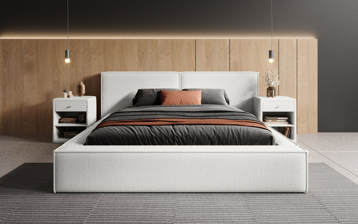 Designer Polsterbett Ophelia a Bouclé mat Stauraum