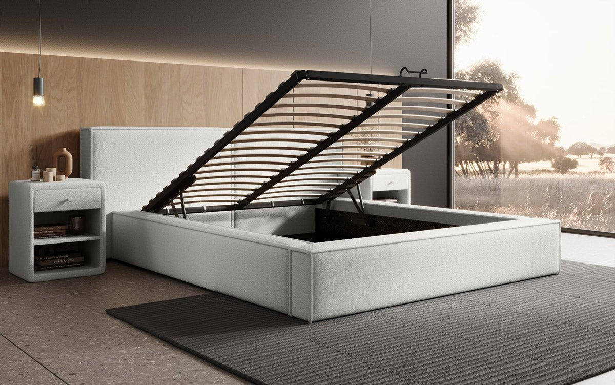 Designer Polsterbett Ophelia a Bouclé mat Stauraum