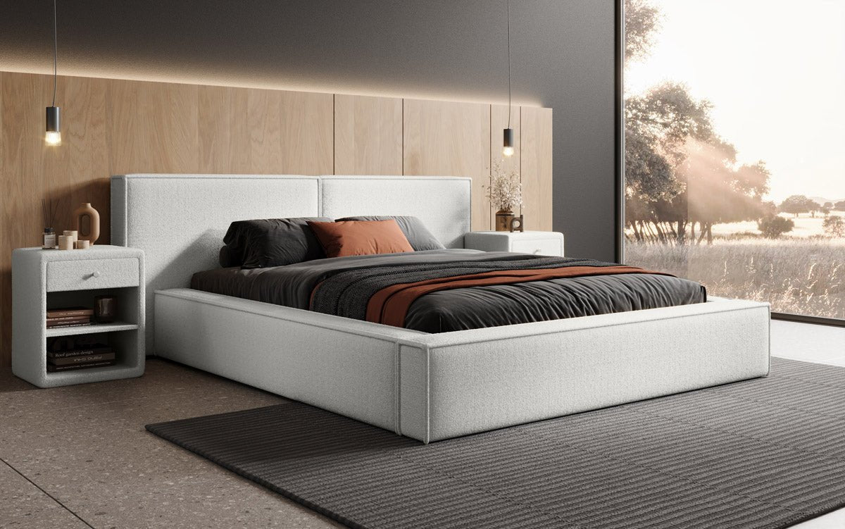 Designer Polsterbett Ophelia a Bouclé mat Stauraum