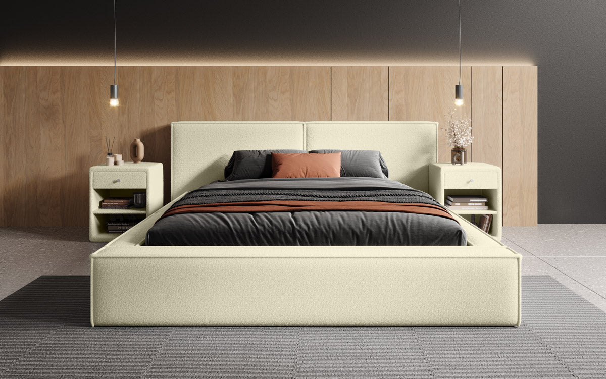 Designer Polsterbett Ophelia a Bouclé mat Stauraum