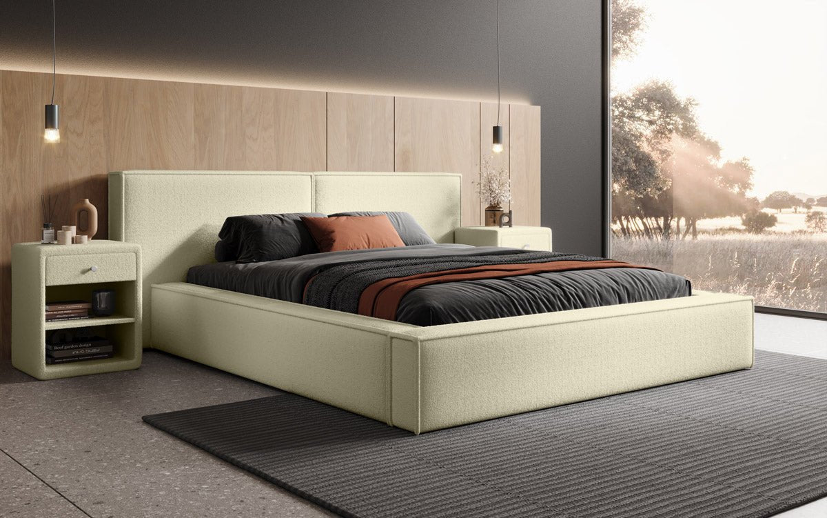 Designer Polsterbett Ophelia a Bouclé mat Stauraum