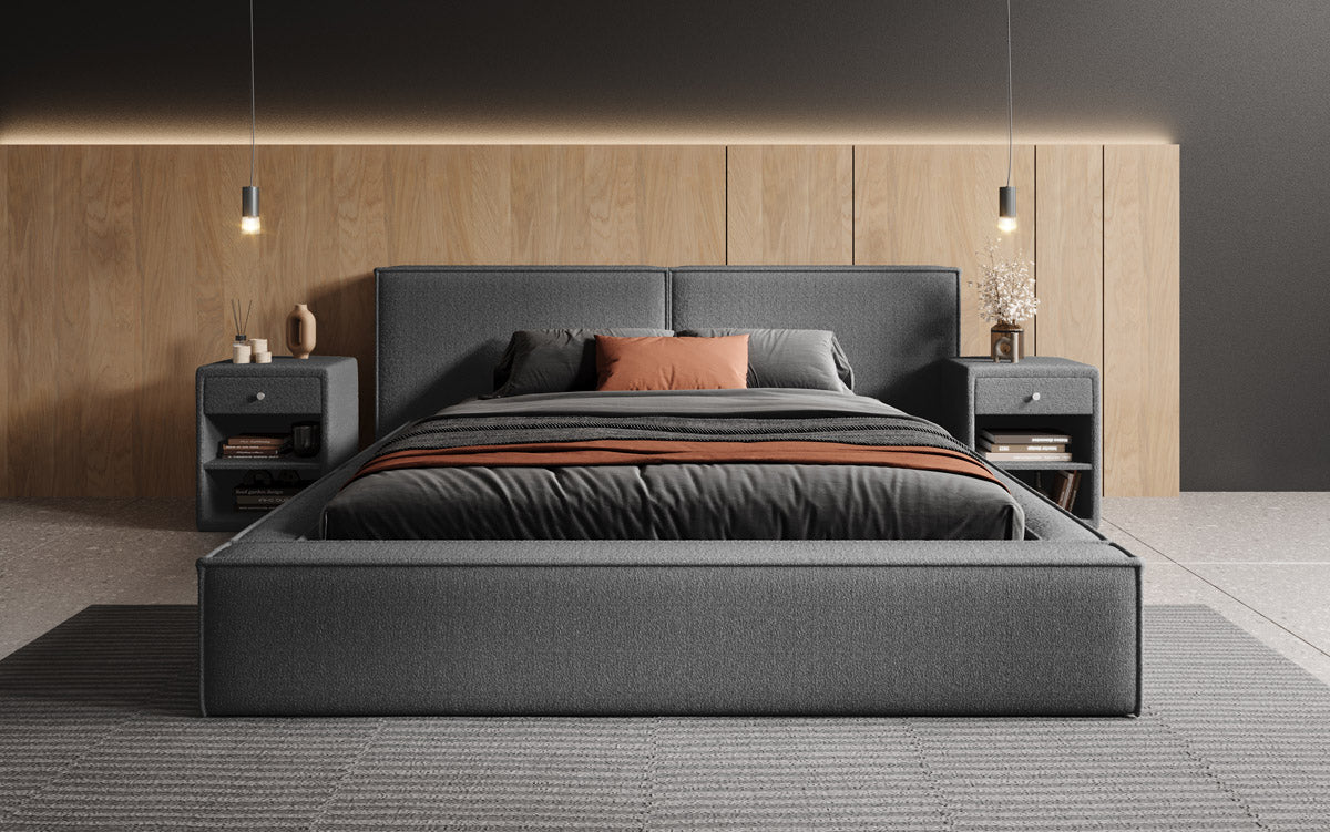 Designer Polsterbett Ophelia a Bouclé mat Stauraum