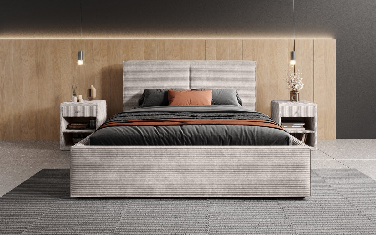 Designer Polsterbett Elara aus Cord mat Stauraum