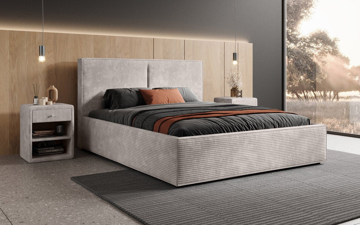 Designer Polsterbett Elara aus Cord mat Stauraum