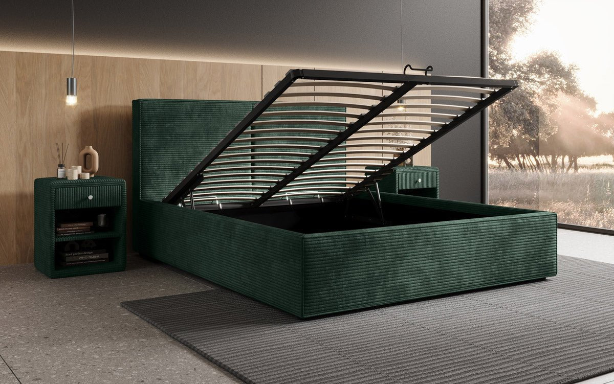 Designer Polsterbett Elara aus Cord mat Stauraum