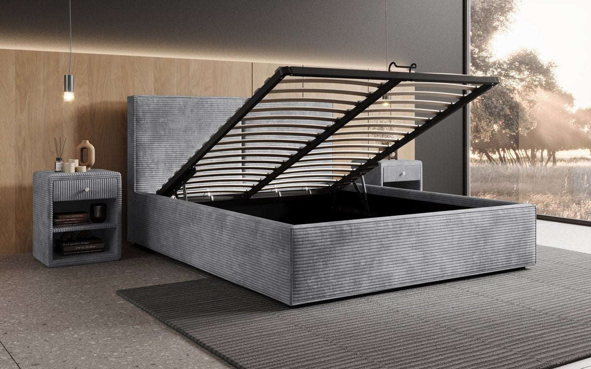 Designer Polsterbett Elara aus Cord mat Stauraum