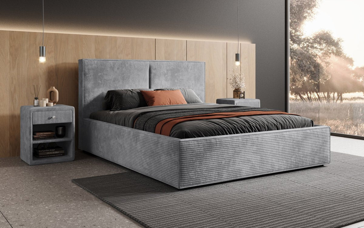 Designer Polsterbett Elara aus Cord mat Stauraum