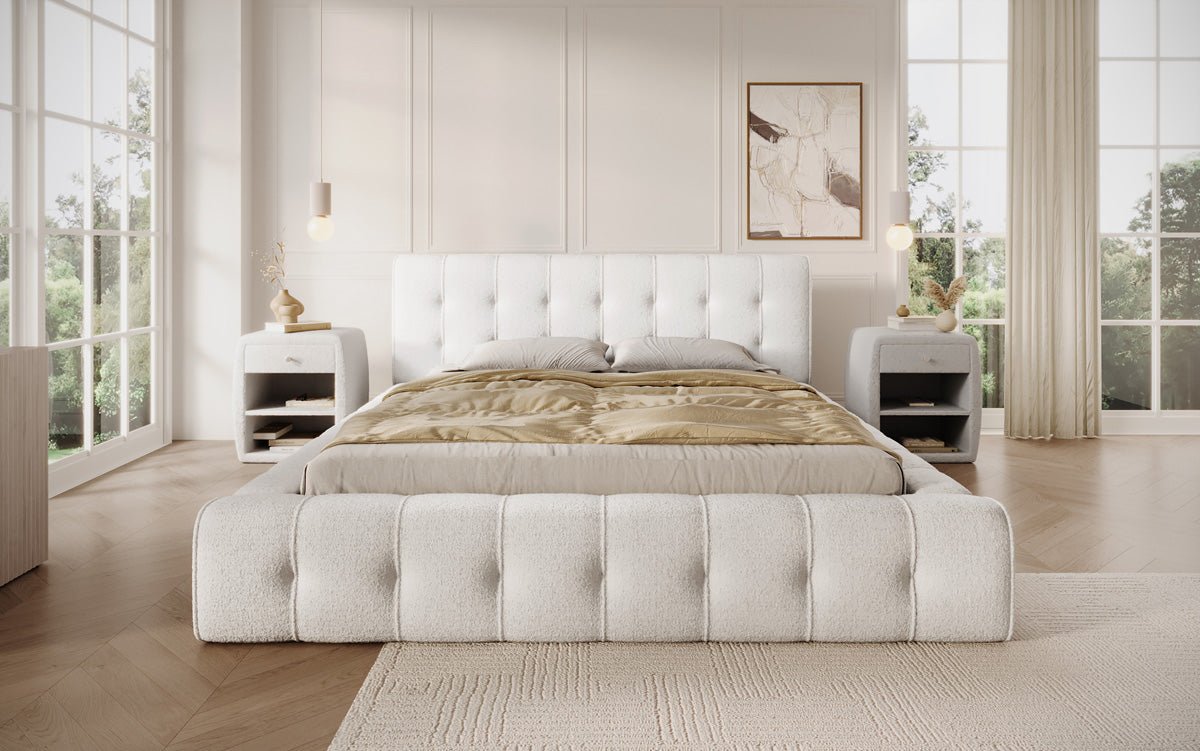 Designer Polsterbett Lena in Bouclé mit Stauraum
