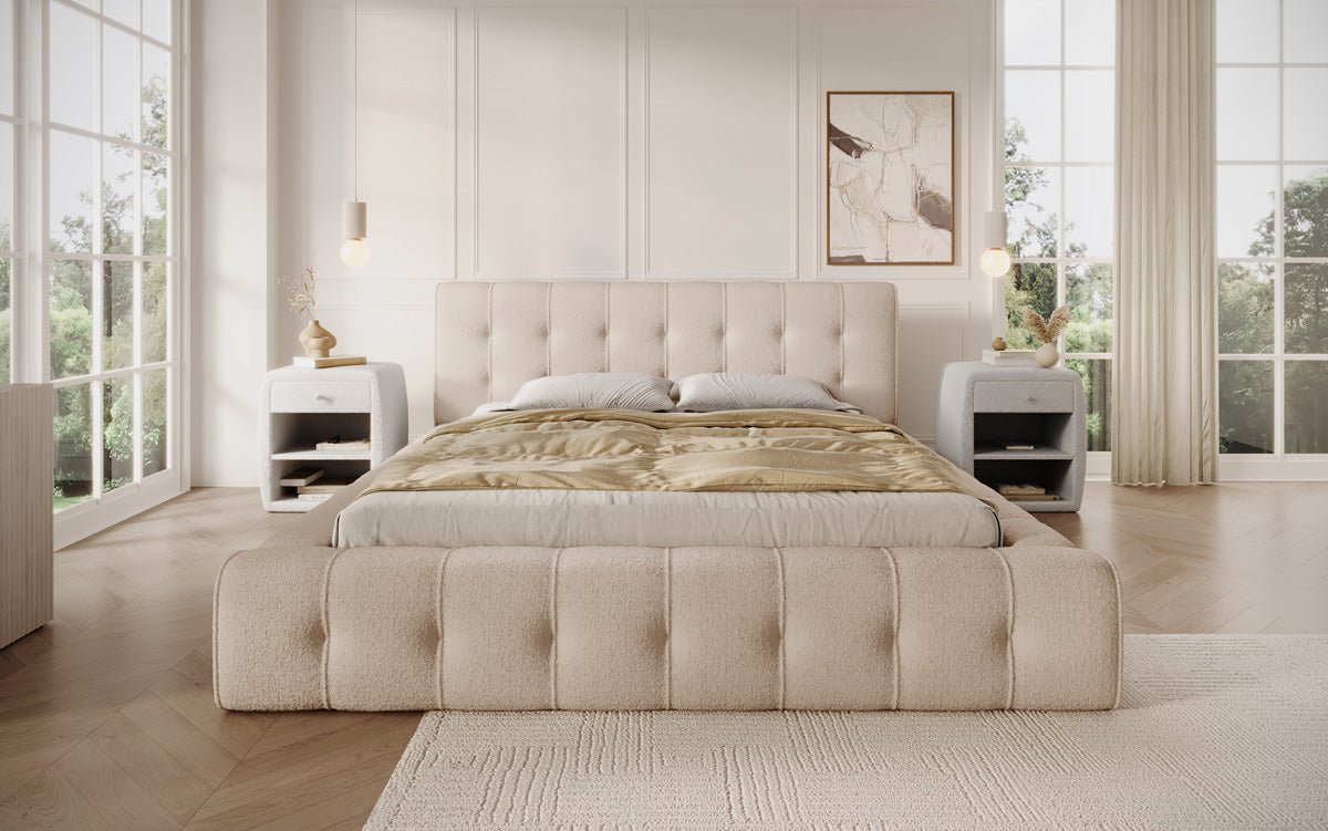 Designer Polsterbett Lena in Bouclé mit Stauraum