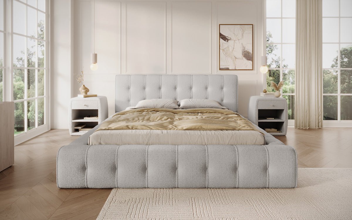 Designer Polsterbett Lena in Bouclé mit Stauraum