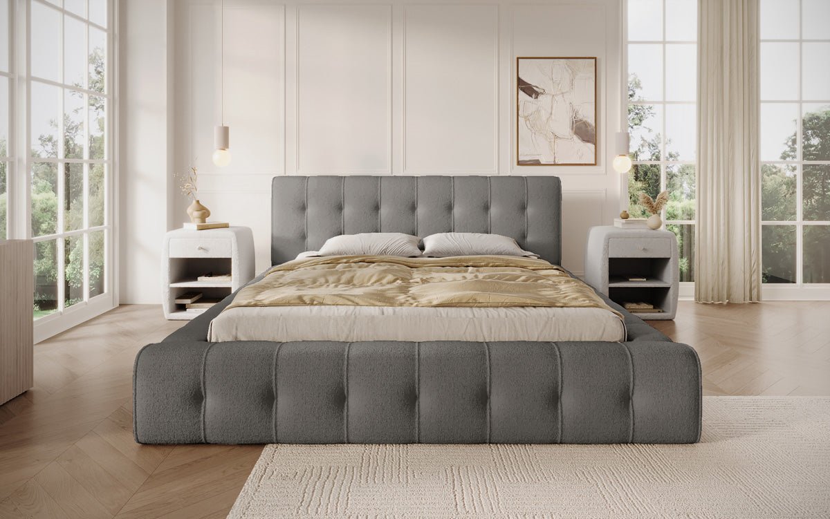 Designer Polsterbett Lena in Bouclé mit Stauraum