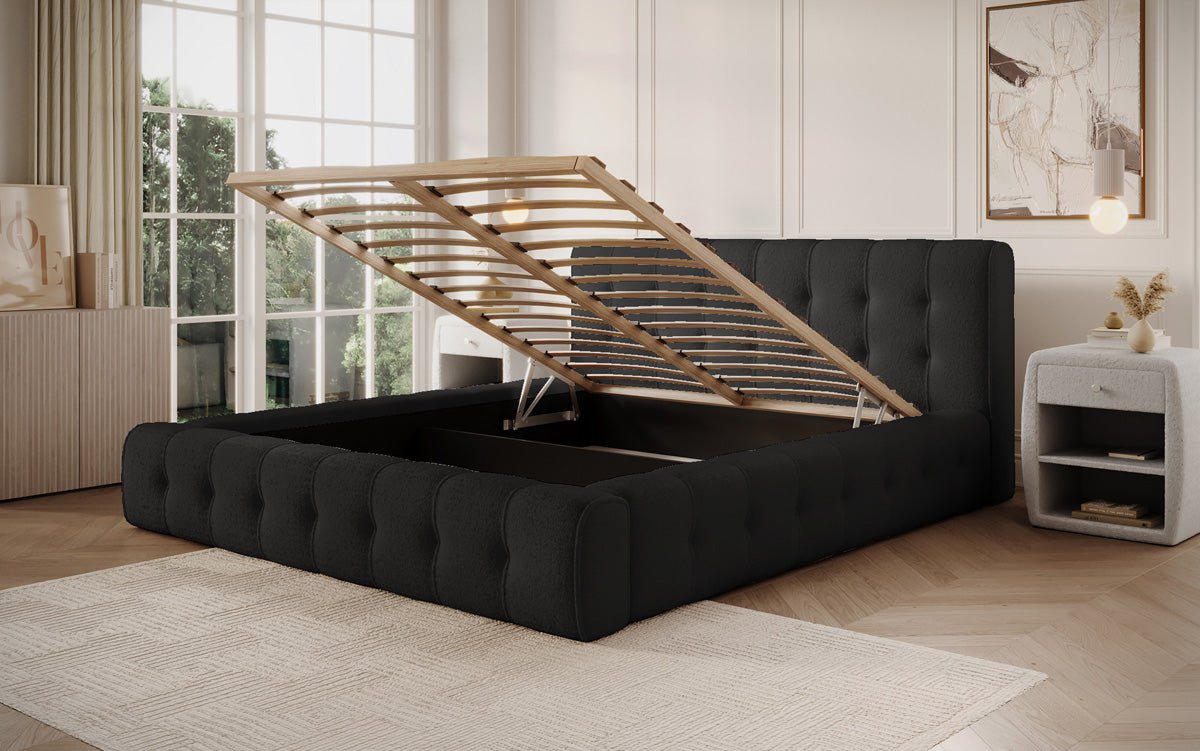 Designer Polsterbett Lena in Bouclé mit Stauraum