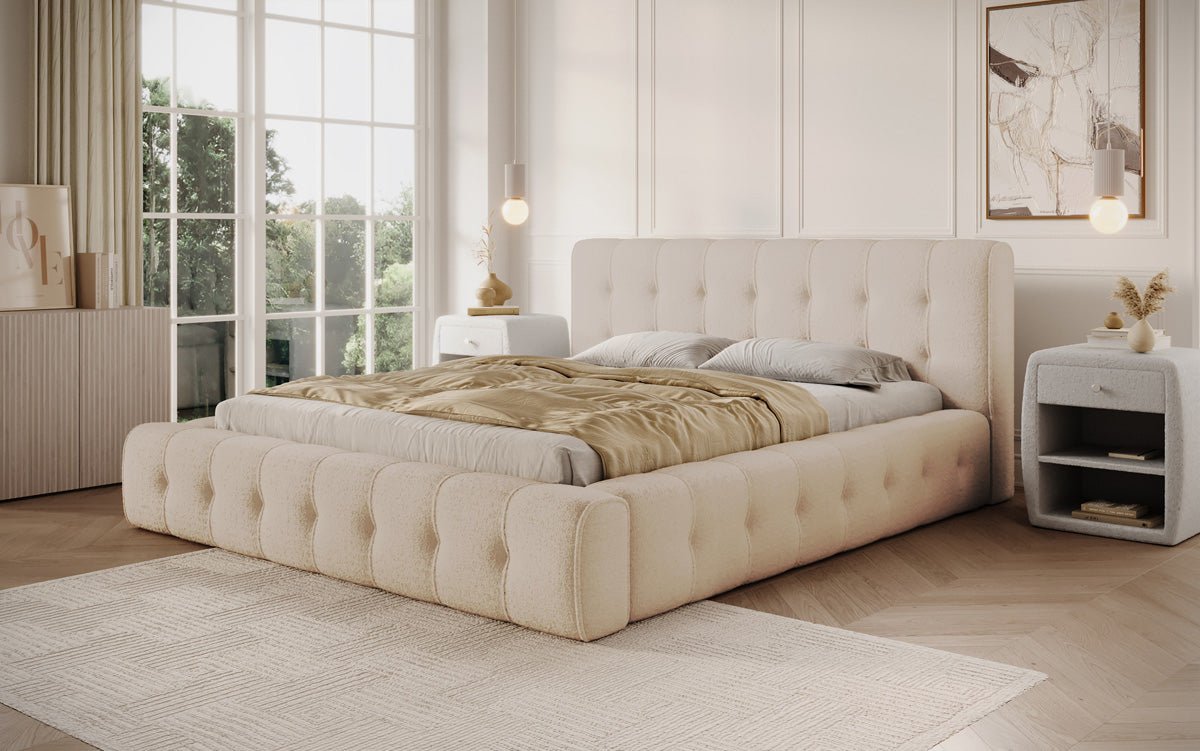 Designer Polsterbett Lena in Bouclé mit Stauraum